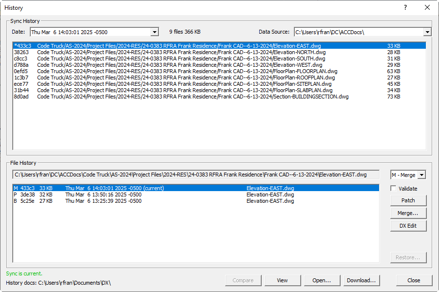 The History window: every synced version of every file, with Patch, Merge, and DX Edit against any two versions